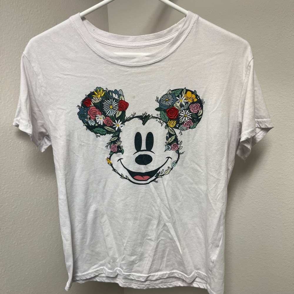 White T-Shirt with Mickey Mouse Floral Design